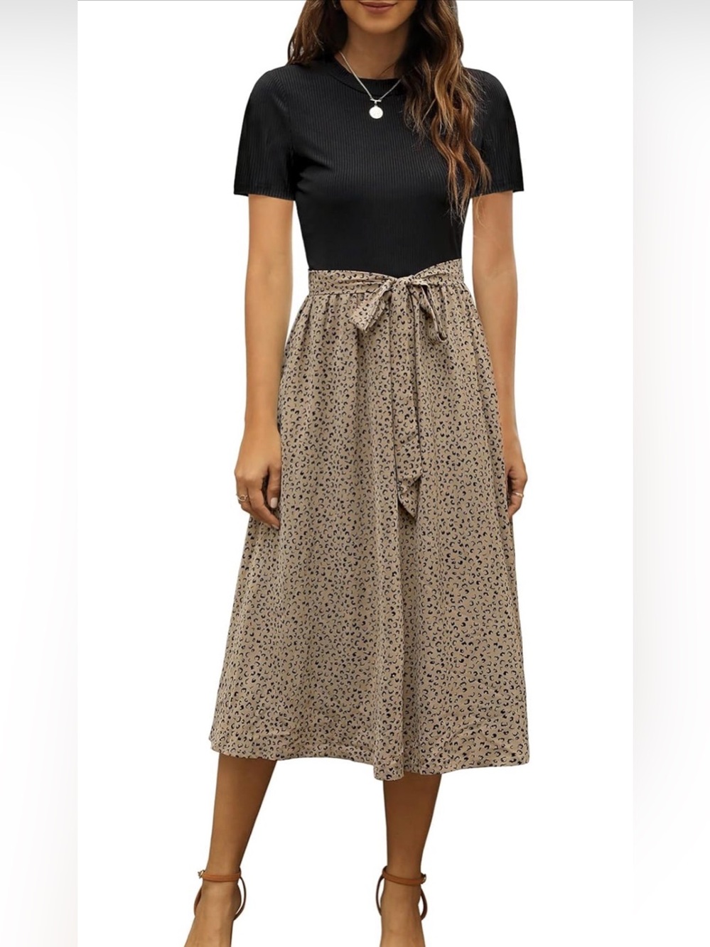 NWT Women’s Midi Dress Black Ribbed Top Leopard Print Skirt Tie Waist Size M